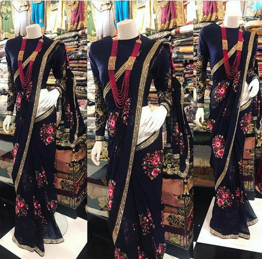 black pure georgette designer embroidered wedding saree