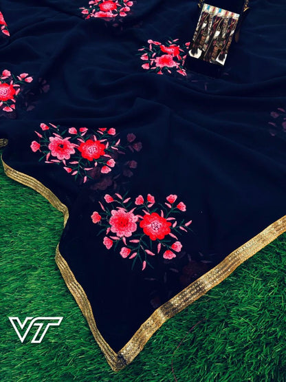 black pure georgette designer embroidered wedding saree