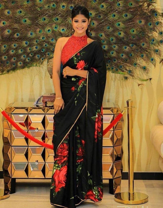Black pure georgette floral digital printed partywear saree