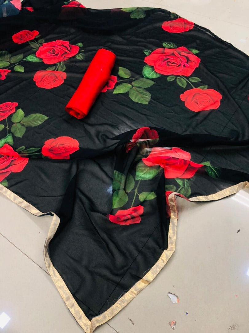 Black pure georgette floral digital printed partywear saree