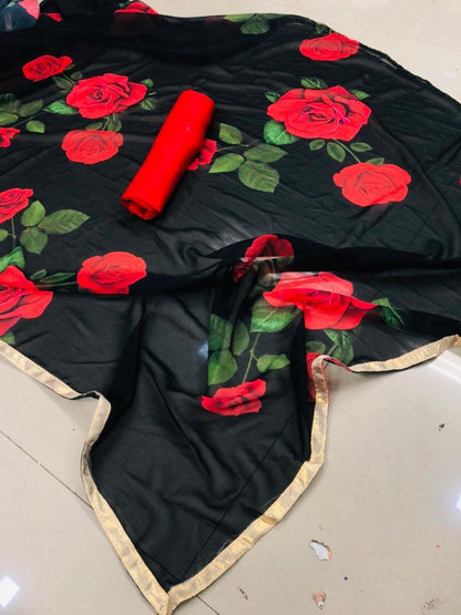 Black pure georgette floral digital printed partywear saree