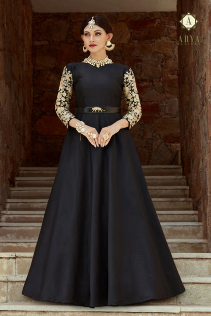 Black pure tapeta silk embroidered partywear gown with jaguar belt