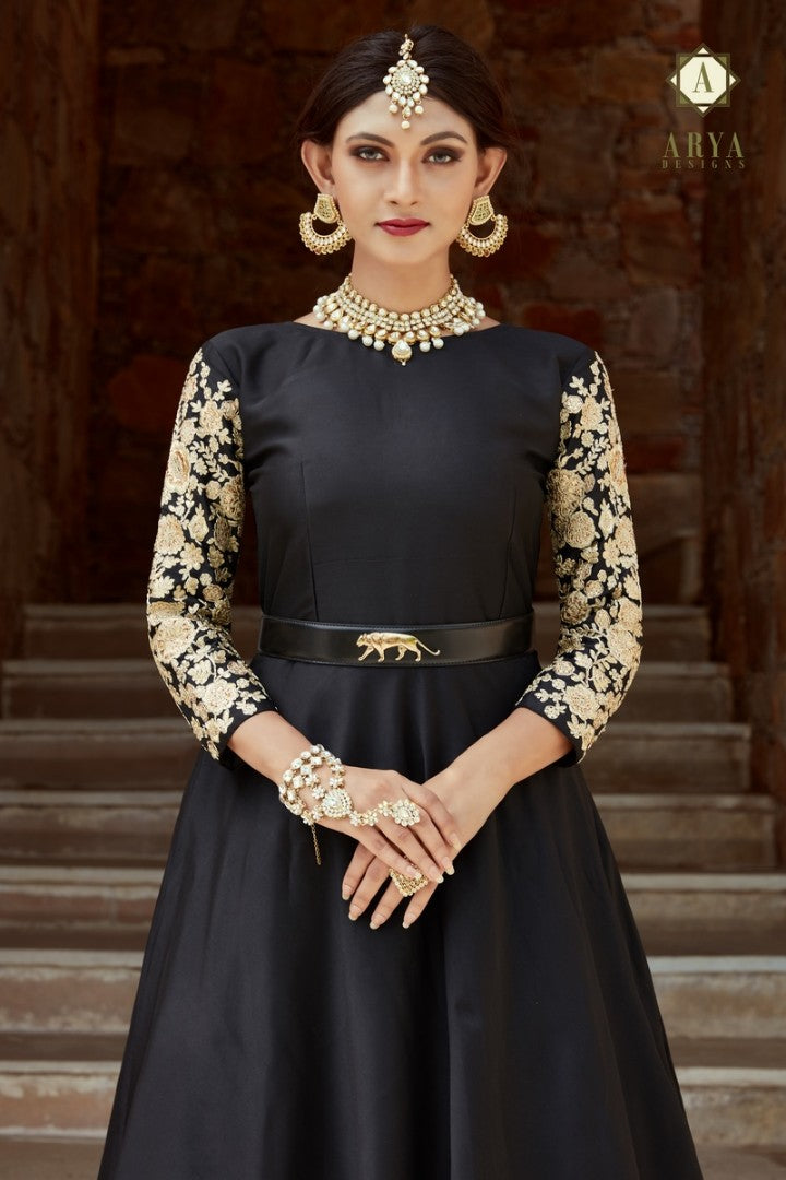 Black pure tapeta silk embroidered partywear gown with jaguar belt