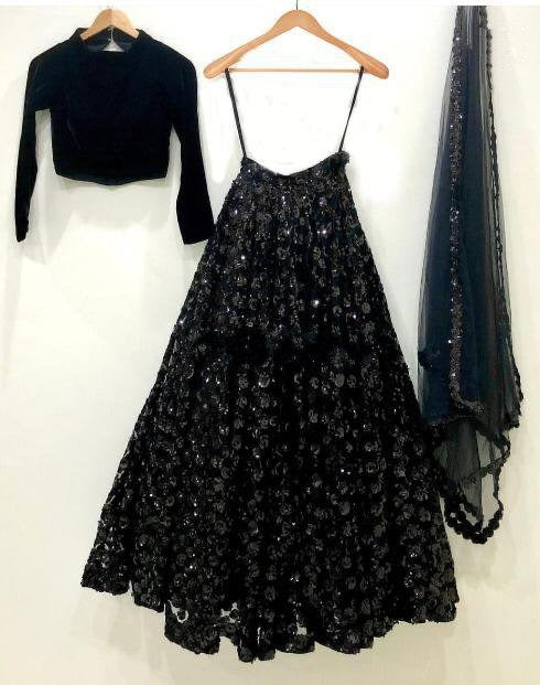 Black pure velvet sequence flower work wedding lehenga choli