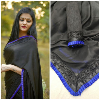 Black rangoli silk beautiful frill border partywear saree