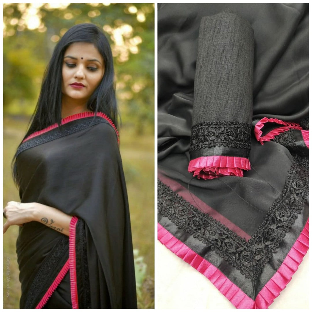 Black rangoli silk beautiful frill border partywear saree