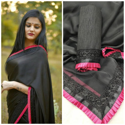 Black rangoli silk beautiful frill border partywear saree