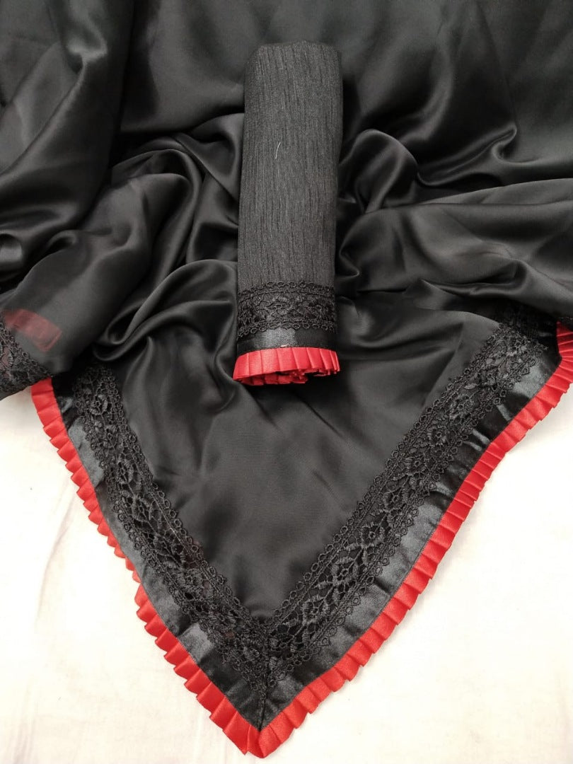 Black rangoli silk beautiful frill border partywear saree