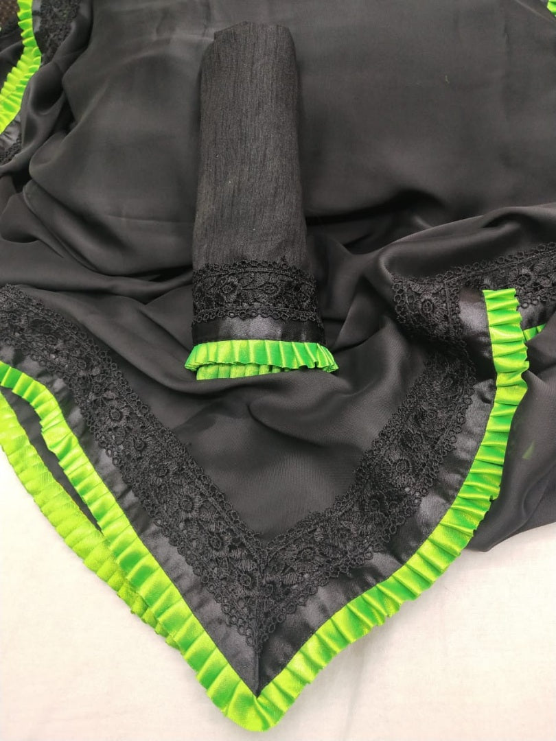 Black rangoli silk beautiful frill border partywear saree