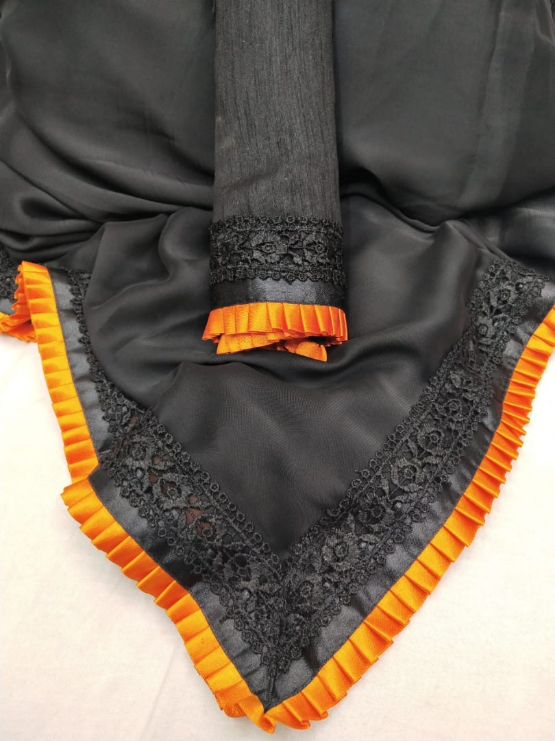 Black rangoli silk beautiful frill border partywear saree