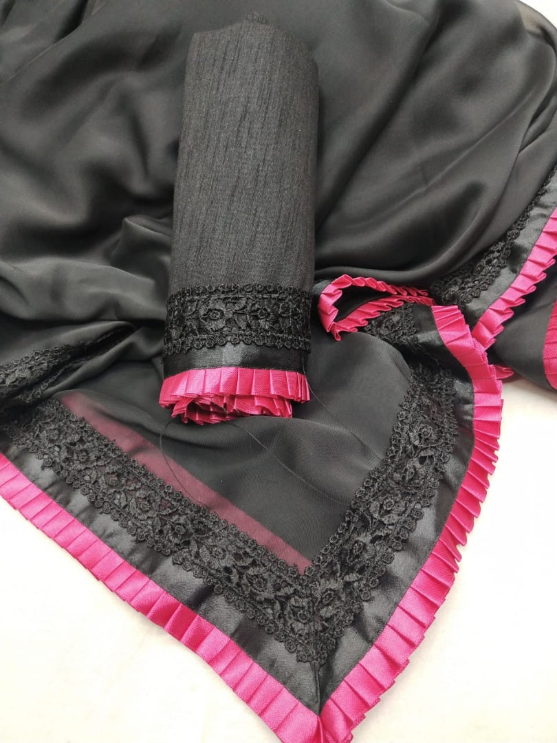 Black rangoli silk beautiful frill border partywear saree