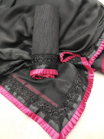 Black rangoli silk beautiful frill border partywear saree