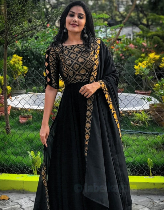 Black rangoli silk party wear gown