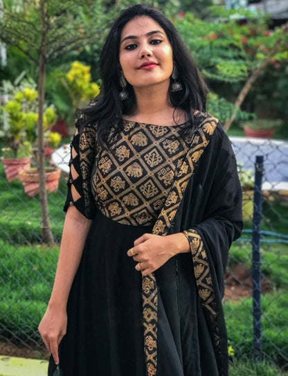 Black rangoli silk party wear gown