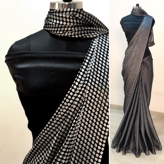 Black rangoli silk white printed dot partywear saree