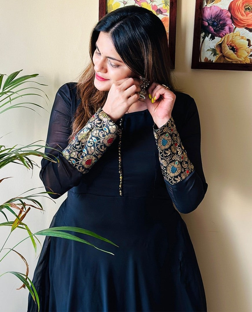Black rangoli weaving work gown