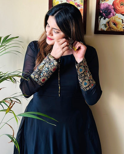 Black rangoli weaving work gown