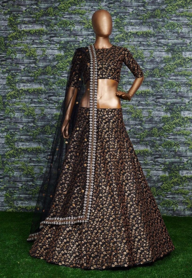 Black raw silk heavy designer embroidered lehenga choli for ceremony