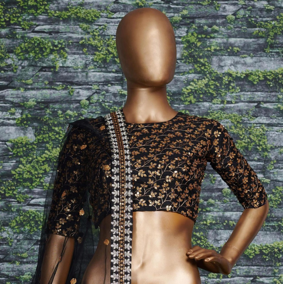 Black raw silk heavy designer embroidered lehenga choli for ceremony