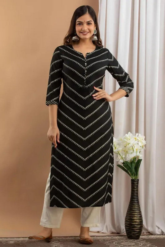 Black Rayon Button Lehriya Printed Straight Kurti