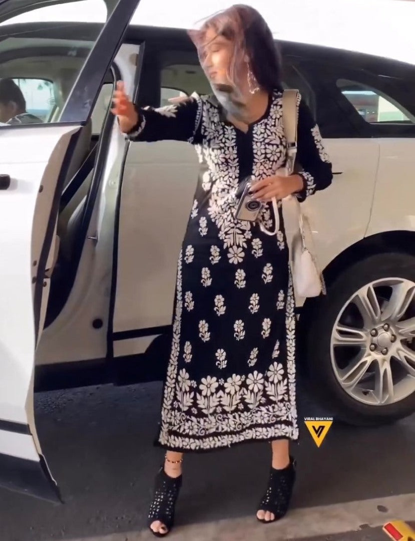 Black rayon chainstitch work kurti