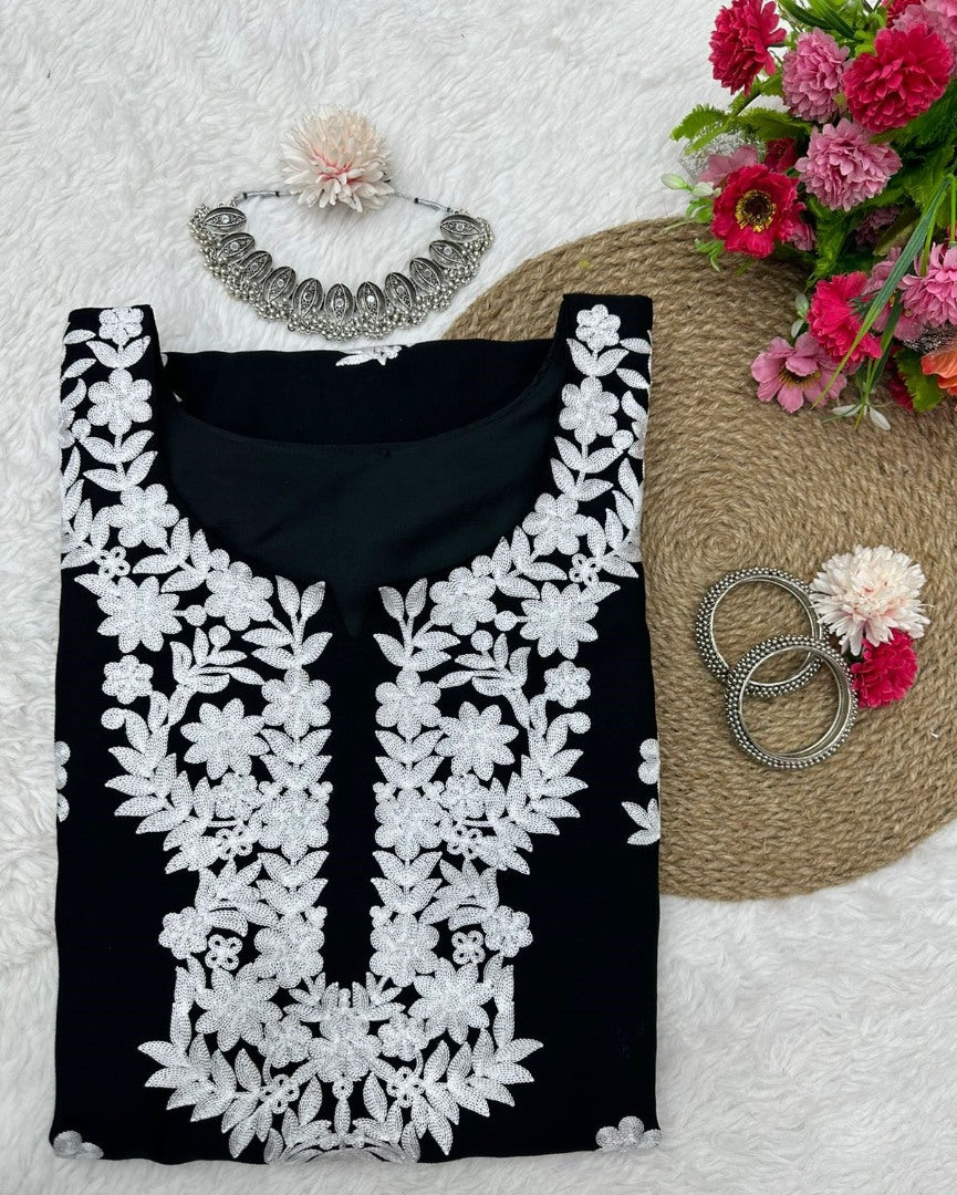 Black rayon chainstitch work kurti