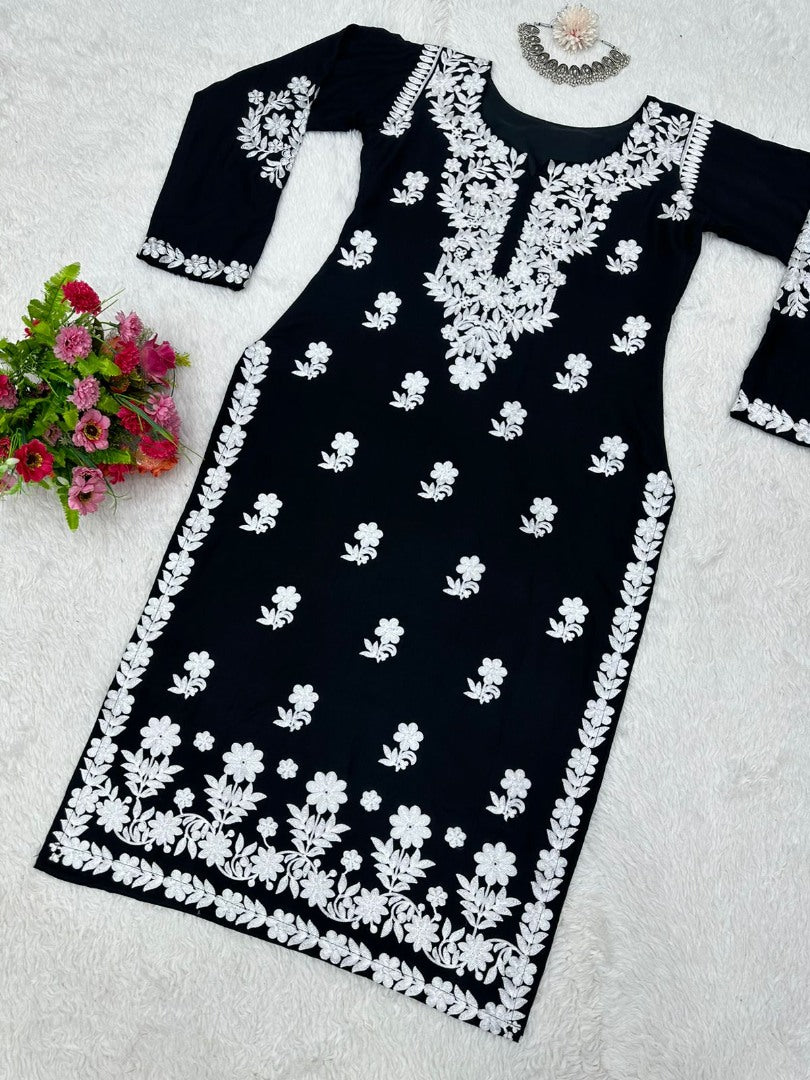 Black rayon chainstitch work kurti
