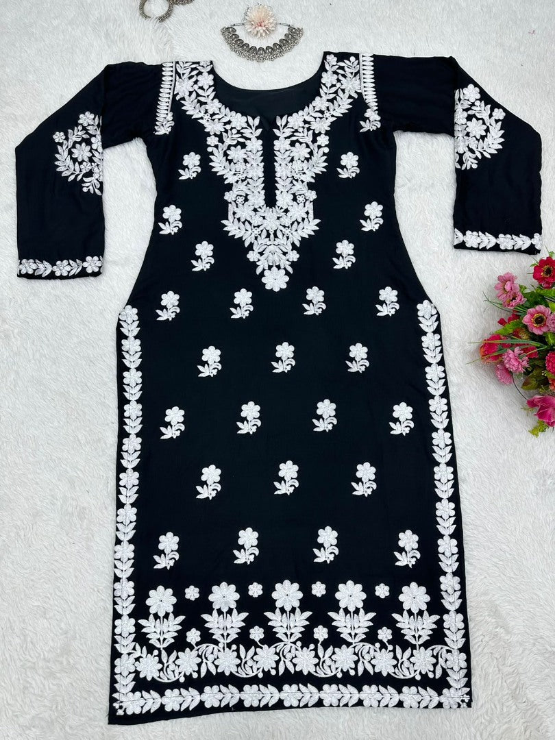 Black rayon chainstitch work kurti