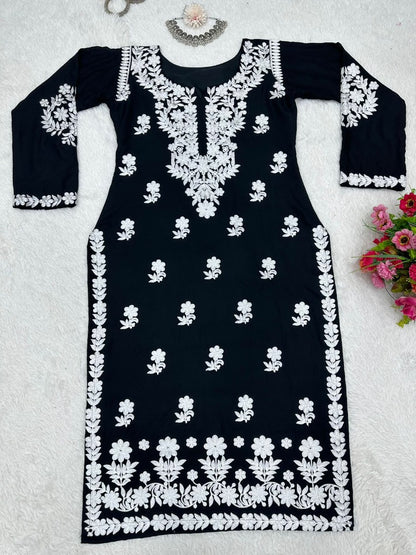 Black rayon chainstitch work kurti