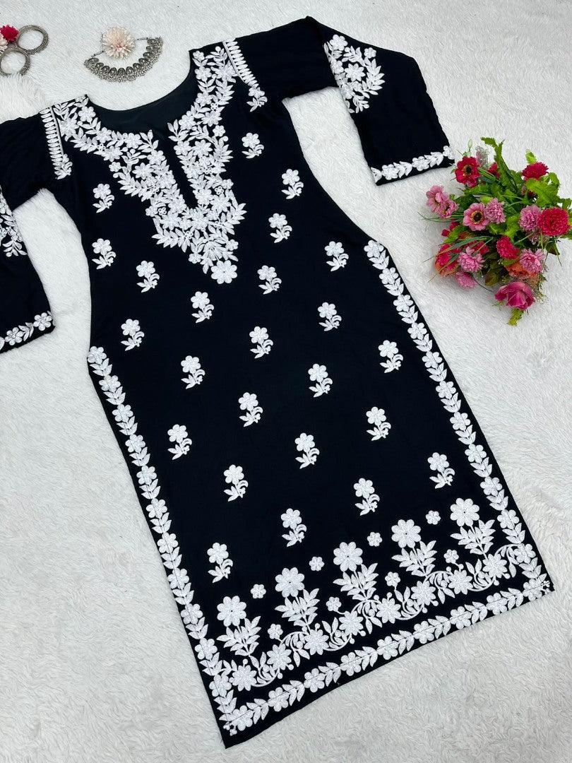 Black rayon chainstitch work kurti