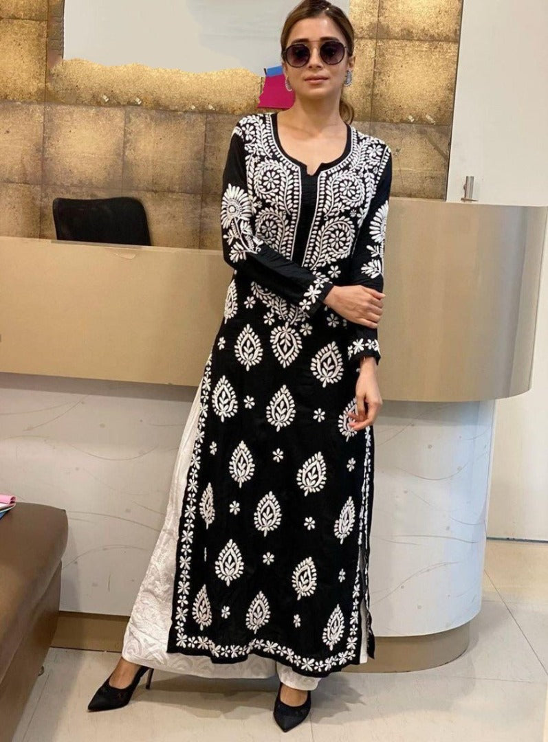 Black rayon embroidered plazzo suit