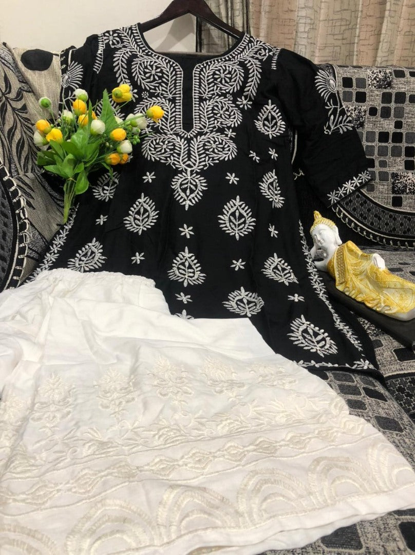 Black rayon embroidered plazzo suit
