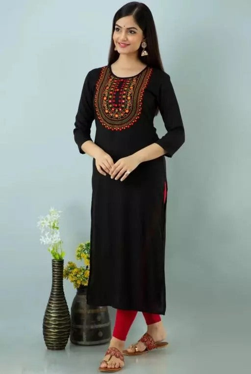 Black rayon embroidered straight kurti