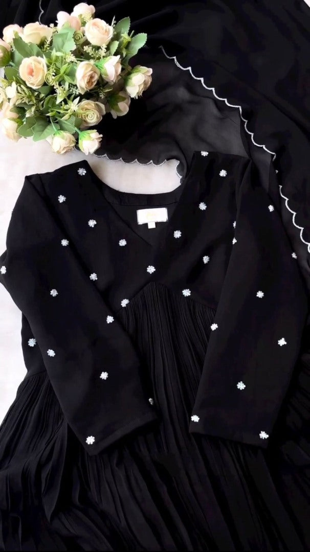 Black rayon sequence work party wear gown