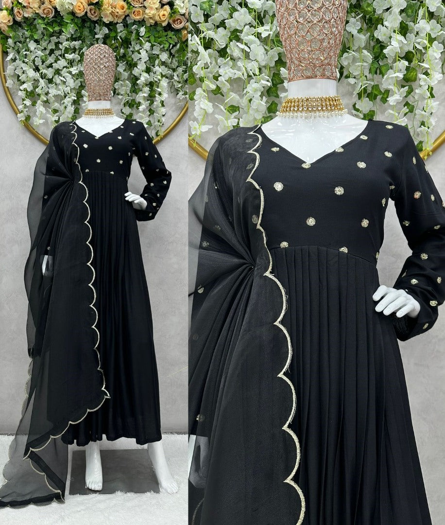 Black rayon sequence work party wear gown