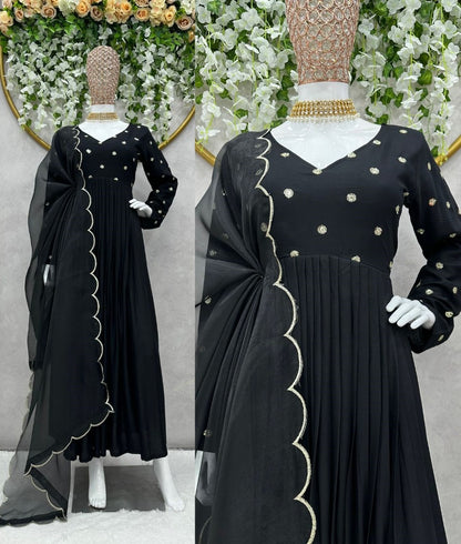 Black rayon sequence work party wear gown