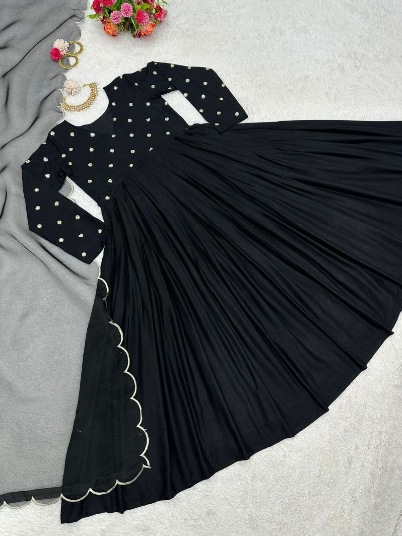 Black rayon sequence work party wear gown