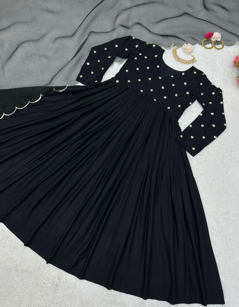 Black rayon sequence work party wear gown