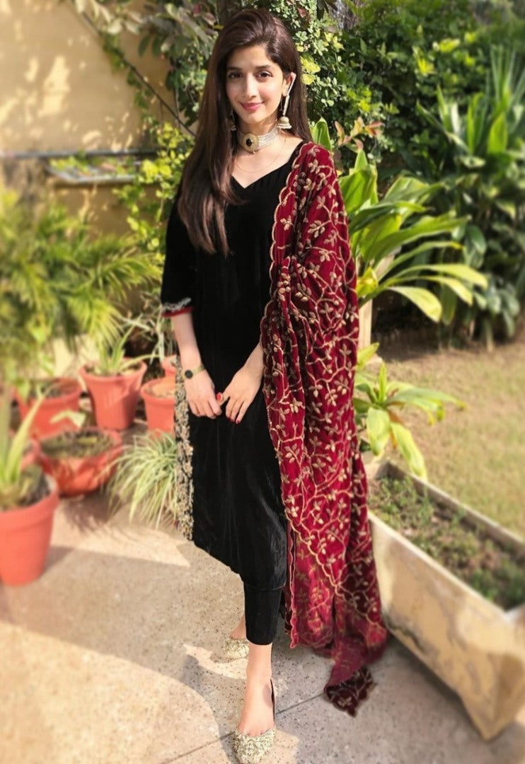 Black rayon suit with embroidered dupatta