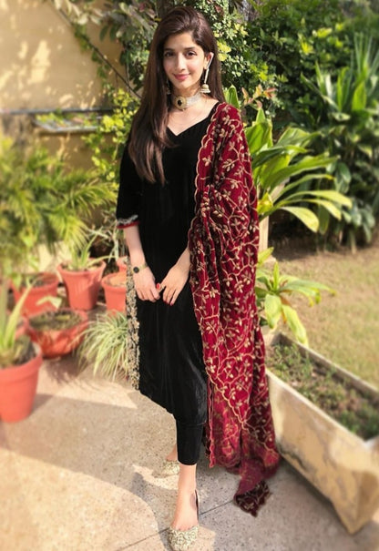 Black rayon suit with embroidered dupatta