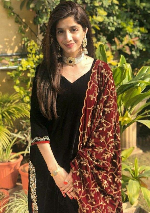 Black rayon suit with embroidered dupatta