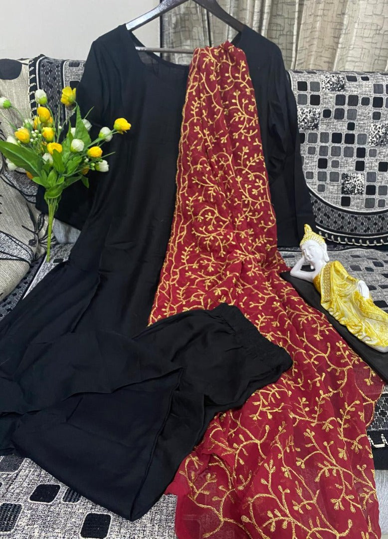 Black rayon suit with embroidered dupatta