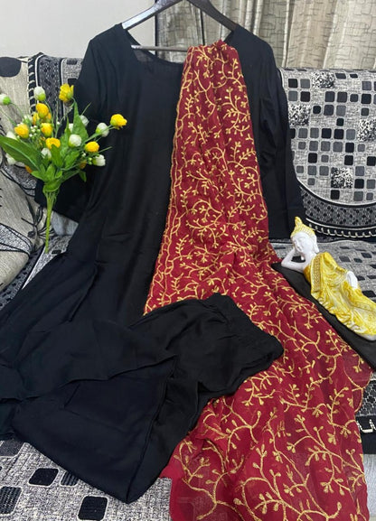 Black rayon suit with embroidered dupatta