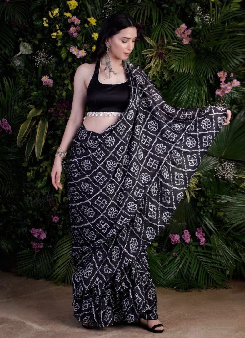 Black satin bandhni print saree