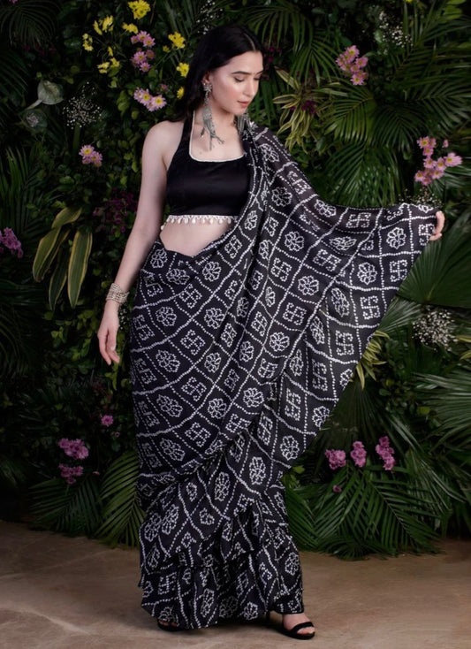 Black satin bandhni print saree