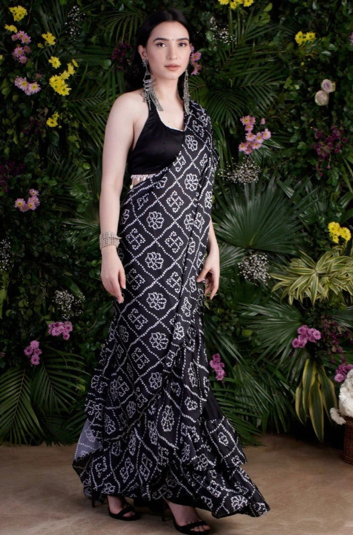 Black satin bandhni print saree