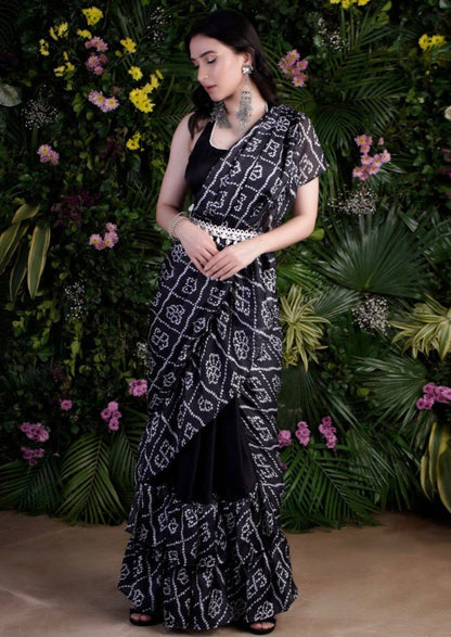 Black satin bandhni print saree