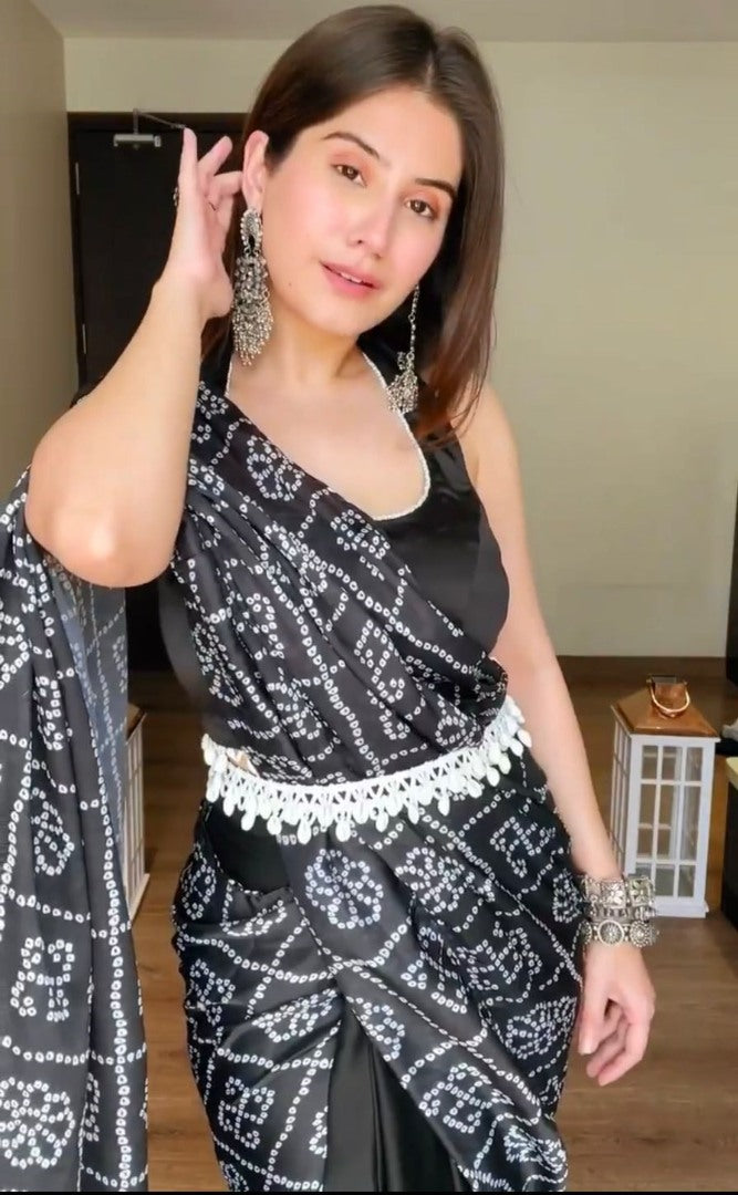 Black satin bandhni print saree