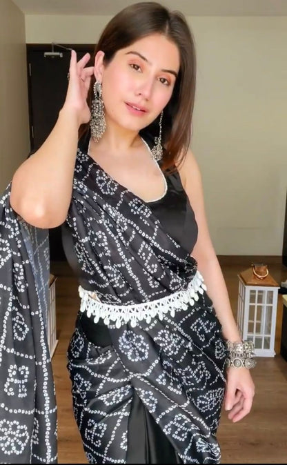 Black satin bandhni print saree