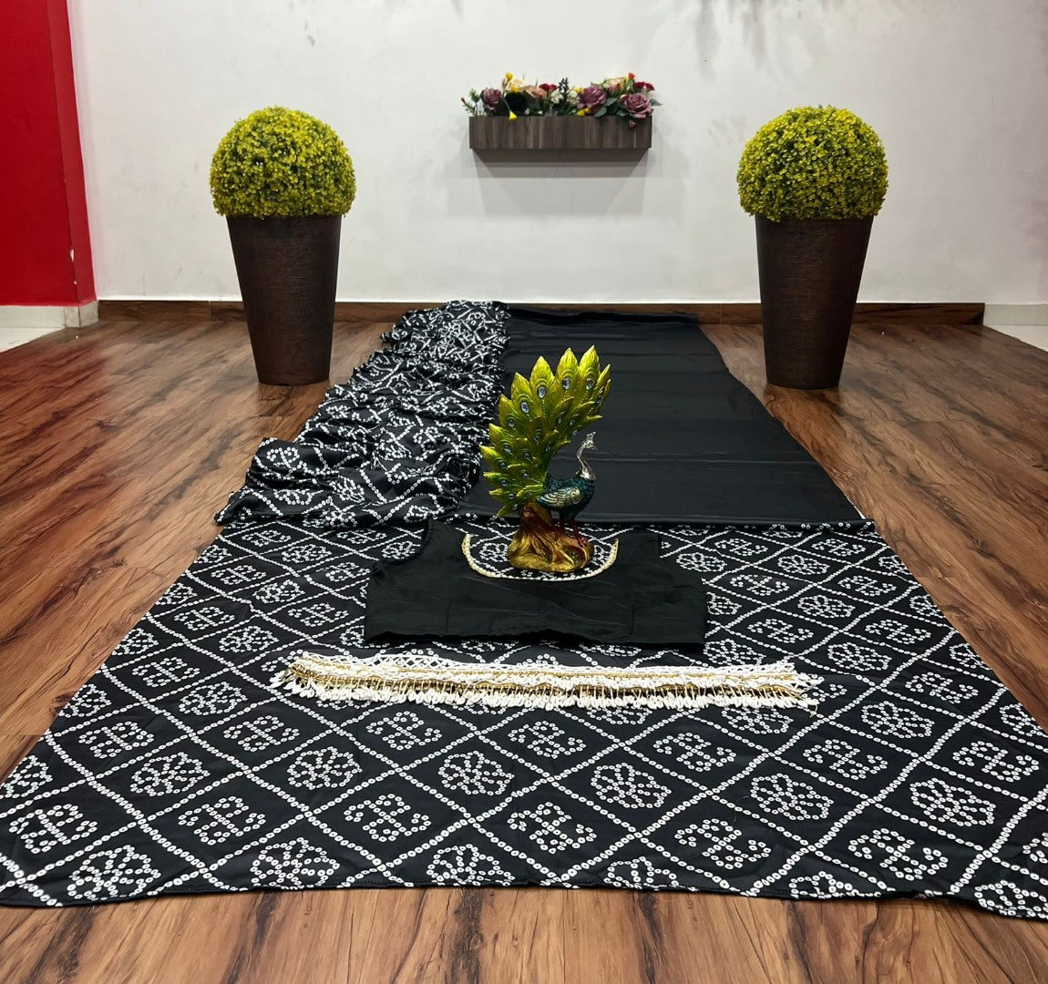 Black satin bandhni print saree